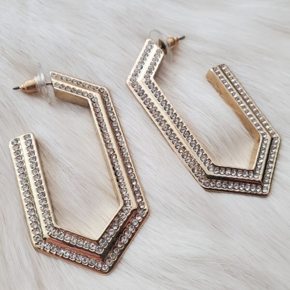 New Nine West Gold Tone Long Hex Hoop Clear White Rhinestone 2" Earrings